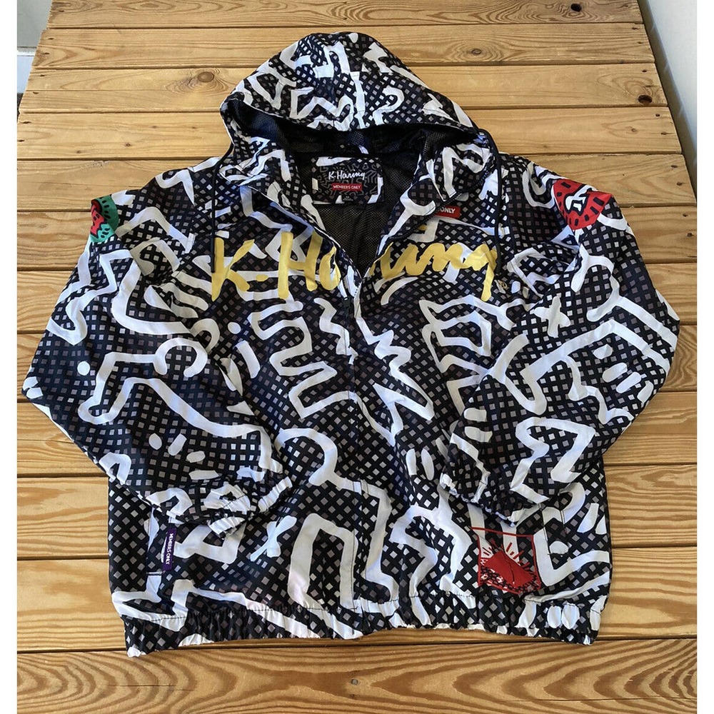 Keith Haring Members Only Hooded Jacket Size Medium Men’s Black Full Zip